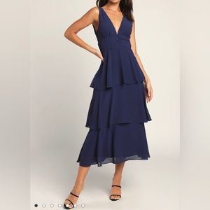 Lulus’ Celebration Time Navy Blue Sleeveless Tiered Midi Dress